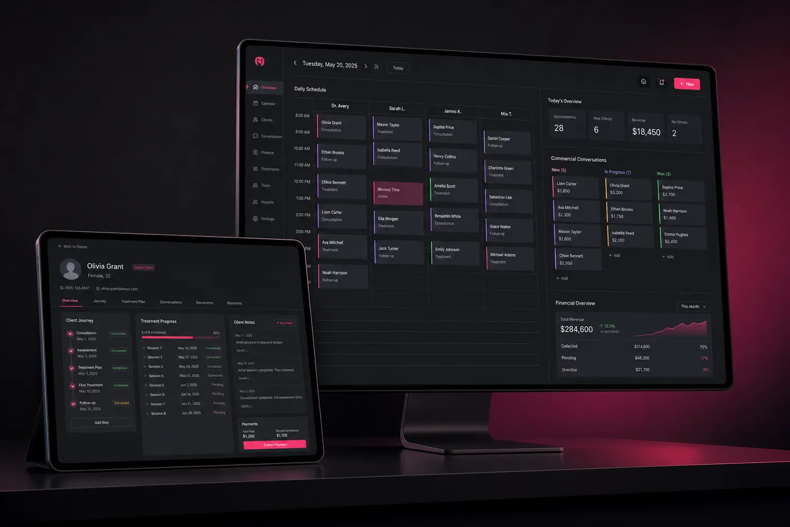 Sistema de gestão para clínicas com agenda, CRM, financeiro e prontuário em computador, tablet e celular